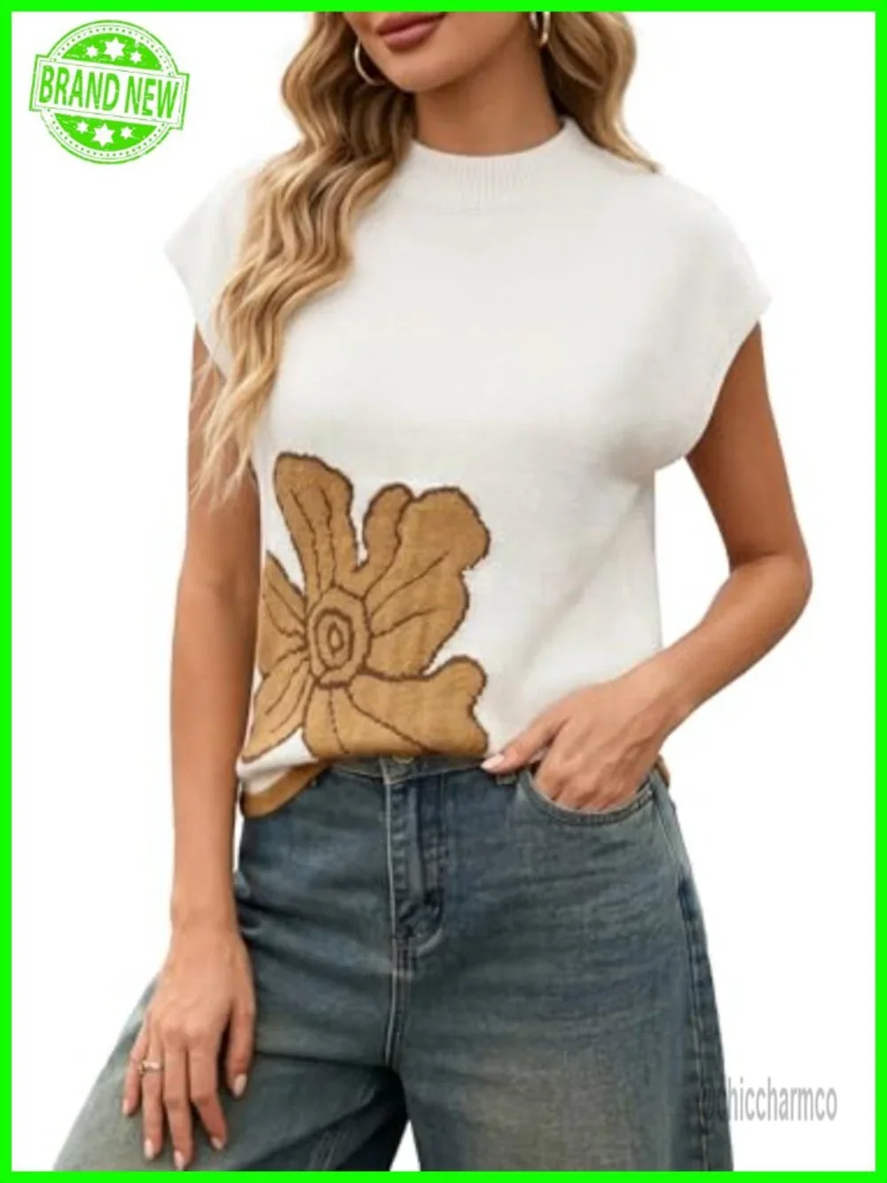 Women Cap Sleeve Mock Neck Sweater Floral Pattern Lightweight Knit